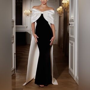 Club L London Black & White Satin Cape Maxi Dress With Oversized Bow